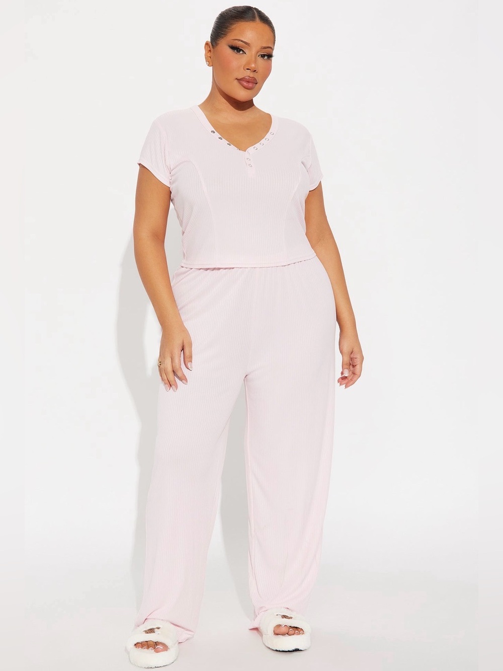 Soft Ribbed Short Sleeve Pajama Set - Light Pink